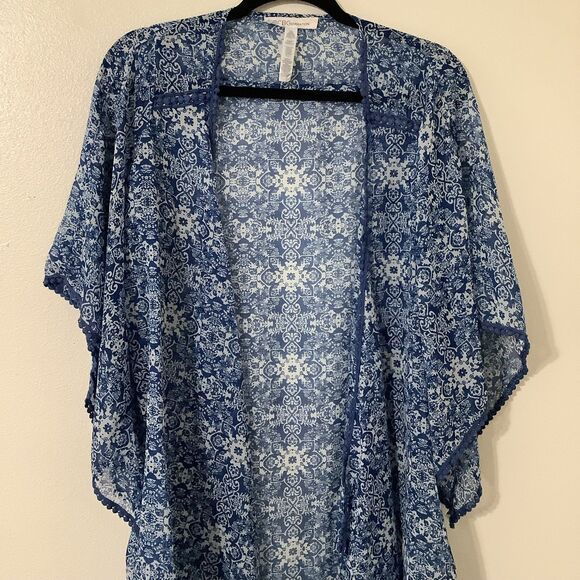 BCBG Blue Paisley Western Prairie Cowgirl Sheer Summer Artsy Festival Kimono OS - Picture 3 of 9